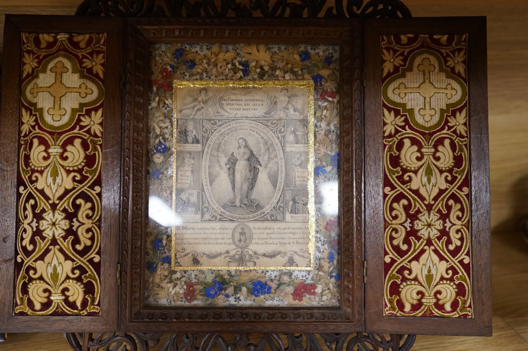 A group of Christian icons including a 19th century Portuguese Gothic revival carved walnut case containing an image of the immaculate heart of Mary, (5), Provenance - John Henry Bickersteth (1825-1906), former Bishop of
